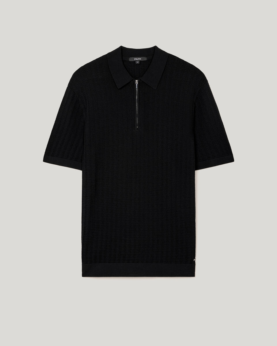 Textured Zip-up Knit Polo, Black Textured Zip-up Knit Polo, Black, hi-res